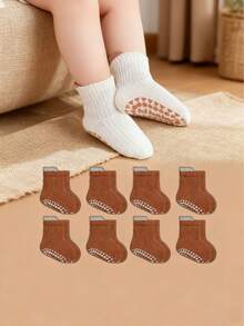 4 Pairs Winter And Autumn Plain-Color Anti-Slip Short Socks, Comfortable And Soft Short-Tube Socks Suitable For Infants, Boys And Girls