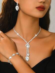 Conjunto de joyería nupcial - Collar de gota de cristal, aretes, pulsera con decoración de borla de cristal, adecuado para vestido de novia, vestido de gala - Multicolor - Ver 17
