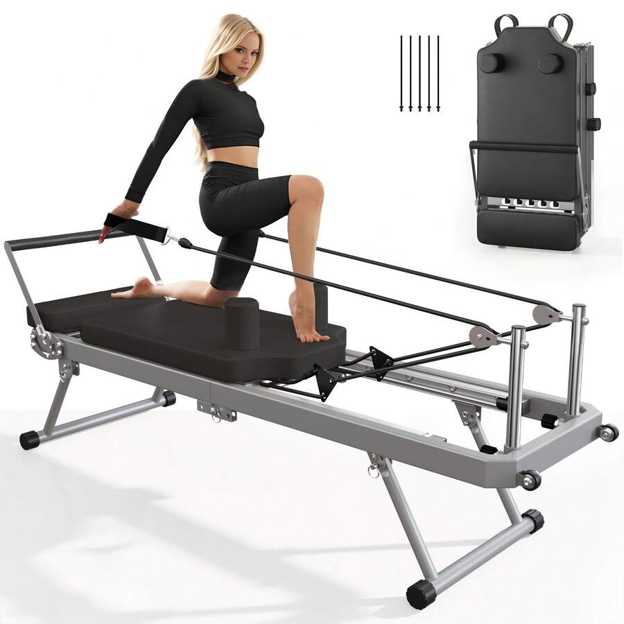 DlandHome Pilates Reformer Machine, Indoor Pilates Reformer With High Strength Alloy Springs, Foldable Pilates Reformer For Home Gym - Silver - View 1