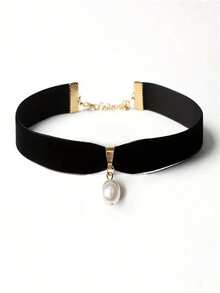 Pearl Choker Velvet Necklace Adjustable Black Collar Necklaces For Women School - 彩色 - 查看 1
