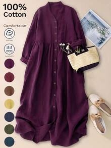 女式 V 领前开式休闲优雅 3/4 袖宽松中长连衣裙，秋季/春季