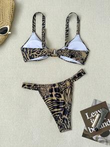 Women's Leopard Print Swimsuit, Fashionable Holiday Beach Bikini Swimwear, Square Accessory Holiday Beach Beach Set Bikini 2-Piece - Yellow Leopard Flower - View 3