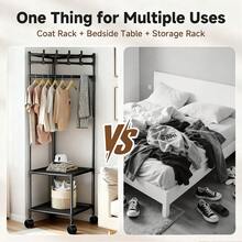 Metal Floor Coat Rack With Wheels, Featuring 2 Storage Shelves And 4 Hooks, Durable Clothing Rack, Suitable For Bedroom Corners, Hallways, Living Rooms, And Hotels - 黑色 - 查看 3