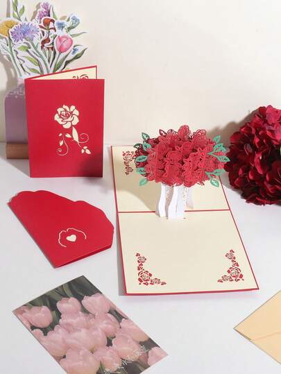 1PC Exquisite 3D Pop-Up Greeting Card, Heart-Shaped Flower And Plant Pattern, Gift Box Decorative Card, Anniversary Gift, Valentine's Day Gift(Includes Envelope )