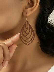 1 Pair Hollow Geometric Teardrop Bamboo Dangle Earrings For Women, Casual & Unique - Brown - View 7