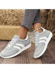 Women's Lightweight Retro Casual Sports Sneakers - Spring Summer 2025 New Design, White With Green & Red Accents, Round Toe Synthetic Microfiber Leather, EVA/PVC Cushioned Sole, All-Season Comfort For Running & Casual Attire, Ladies Sneakers, Versatile Footwear, Simple Stylish Shoes, Fabric Lined Interior - 灰色 - 查看 2