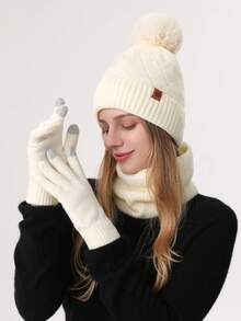 1-3件套女士冬季针织帽、围巾和触屏手套套装，双层加厚保暖内衬，菱形图案带绒球，雪花纹理，保暖御寒，适合滑雪、旅行、驾车、约会等场合，可作为礼物送给她，日常穿着，冬季配饰，冬季服装，情人节礼物