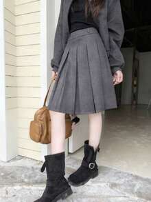 女士新款美式灰色羊毛褶裥A字裙，秋冬修身款 - 灰色 - 查看 6