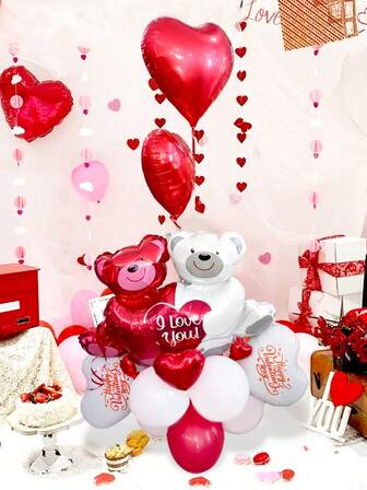 22件/套情人节爱心拥抱熊气球套装，包含18英寸红色爱心铝箔气球、印有“情人节快乐”字样的白色铝箔气球、双熊拥抱爱心气球、红白乳胶气球，适用于情人节、求婚、婚礼派对、浪漫装饰、告白、周年纪念、新娘礼物装饰气球。