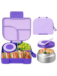 Bento Lunch Box With 9oz Soup Thermo, Leakproof Lunch Food Containers With 3 Compartment, Thermo Insulated Hot Food Jar For School, Office, Travel, And Picnics - Purple - View 7