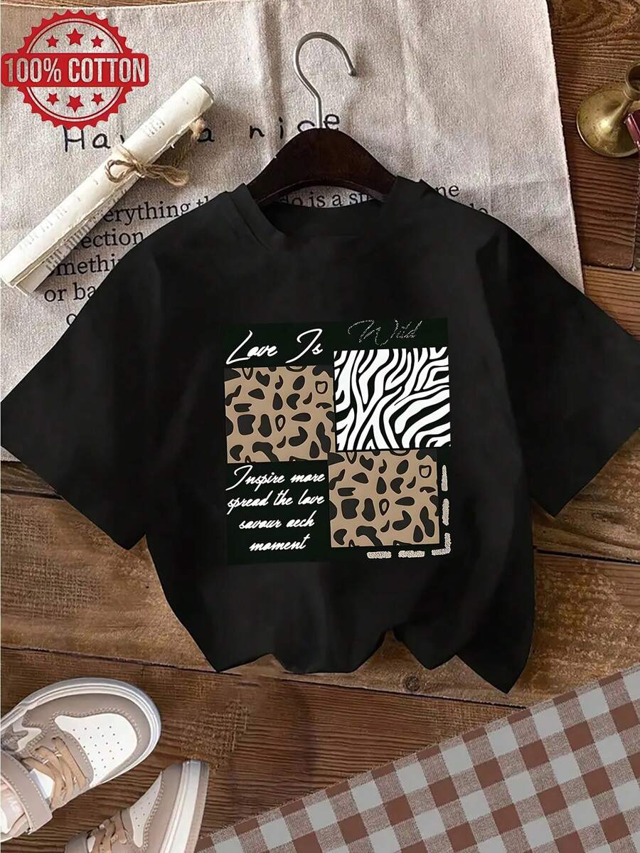 1pc 100% Cotton Women Animal Print Zebra Leopard Blocks 2D Graphic Crew Neck Short Sleeve TShirt for All Seasons - Negro - Ver 1
