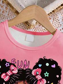 Cartoon Girl Print Crew Neck Sweatshirt And Flare Pants Casual Suit