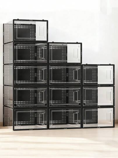 12 Pack Shoe Organizer Storage Rack Clear Plastic Stackable Shoe Boxes For Closet, Space Saving Foldable Shoe Storage Case, Sneaker Storage Shoe Box Container