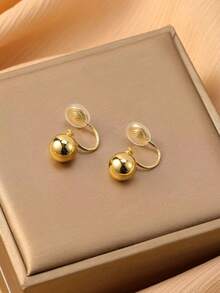 1对时尚圆形铜球耳环，女士夹式耳环，优雅气质，适合日常佩戴和送礼。 - 耳夾 - 查看 1