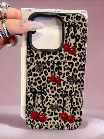1pc Leopard Print Cherry Pattern Phone Case, Personalized Fashionable Rugged Protective Cover, Suitable For IPhone17/IPhone17 Pro Max/IPhone16 Pro Max/IPhone15 Pro/IPhone14/IPhone13/12/11/XS/XR/8/7, Ideal Christmas Gift For Family/Friends/Sisters/Girlfriend/Boyfriend