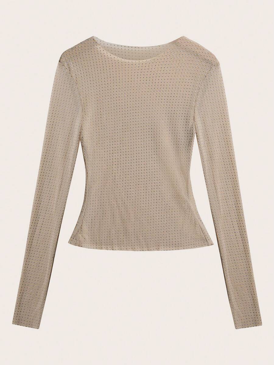 Lanisen 女士长袖透明水钻上衣 - 性感风格，适合秋季夜晚外出、万圣节和感恩节派对 - 卡其色 - 查看 1