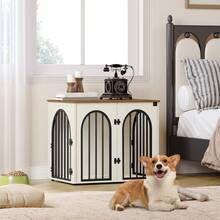 HEXCELEN 26.8'' Wooden Dog Crate Furniture, Indoor Dog Kennel Dogs Cage For Small Dogs, Heavy Duty Dog Crates Decorative Pet House End Side Table TV Stand, White Brown - 白色/棕色 - 查看 2
