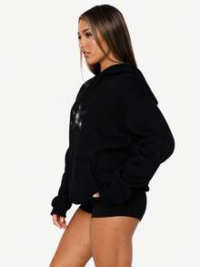Sweat-shirt à capuche court avec strass en forme d'étoile LOVE JOYY pour femmes, ample, élégant et décontracté, parfait pour le port quotidien en automne et en hiver. Top noir à manches longues