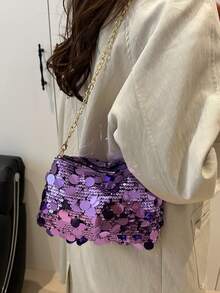 1pc Sequin Shoulder Bag, Fashion Crossbody Bag, Evening Clutch Purse For Women, Suitable For Party And Daily Use , Purple - Purple - View 3