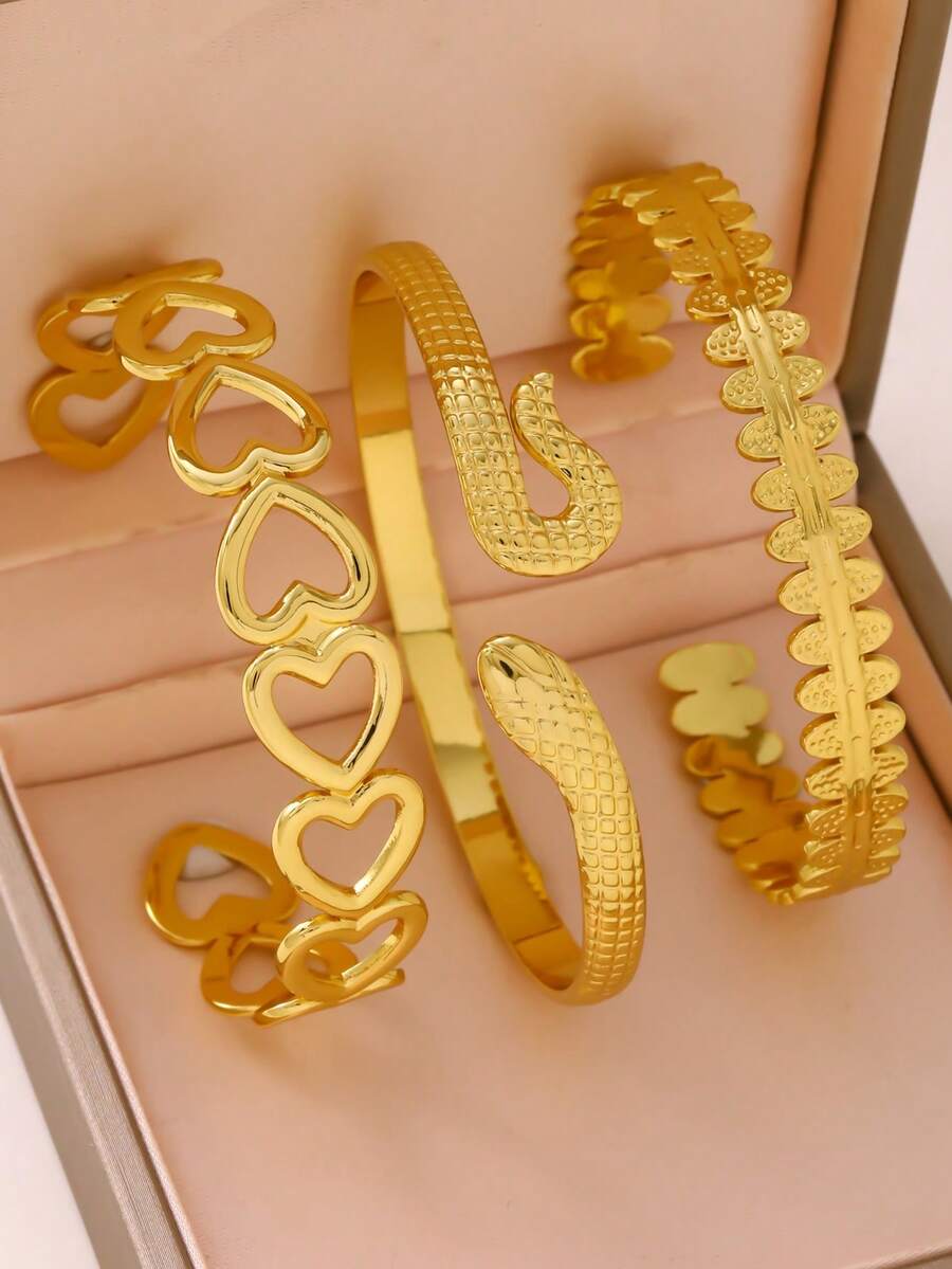 1/3 pièces Ensemble de bracelets en acier de titane pour femmes - Conception de clôture ovale en forme de cœur creux et de serpent, accessoire de mode haut de gamme résistant à la décoloration