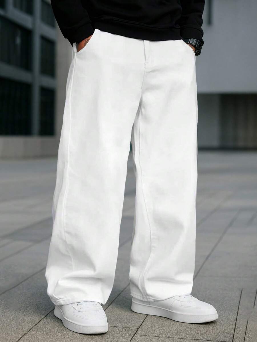 春夏男士加大码休闲白色牛仔裤 - 白色 - 查看 1