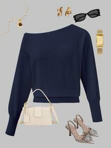 Women's Solid Off Shoulder Knit Blouse, Fall Winter Slim Cropped Sweater - Royal Blue - View 6