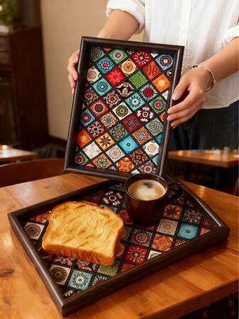 1个木质托盘，波西米亚风格，厨房托盘，餐盘，装饰托盘，适用于盛放水果、干果、面包、蛋糕、甜点、咖啡杯、茶杯、零食、饮料、珠宝等，适合家庭、厨房、咖啡馆、餐厅、小吃店、聚会、野餐、户外、露营、派对、节日、婚礼、圣诞节等场合，亦可作为礼物。