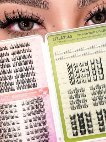 264片装上下睫毛套装，黑色，C型卷翘，自然妆效，纤细纤维DIY睫毛册，上下睫毛嫁接套装/假睫毛/自然款睫毛，适合派对/女士礼物/个人使用，隐形蓬松纤细纤维，放大双眼，柔软簇状睫毛，打造猫眼效果，超轻便化妆工具，适合新手，女性/妈妈/妻子，圣诞节/情人节礼物