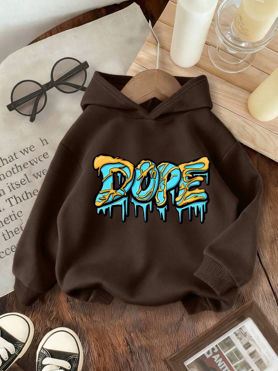 Tween Boy Casual Cartoon Design Hooded Sweatshirt, Long Sleeve Sweatshirt, Autumn/Winter - Brown - View 1