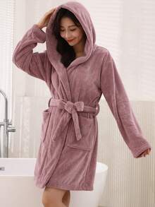 1 pièce Peignoir court sexy pour femme avec poches, capuche épaisse, doux et absorbant, de couleur unie avec ceinture à nouer à la taille - Rose cuivré - Voir 12