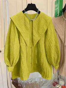 黑色褶裥长袖衬衫，纽扣前襟，抽绳设计 - 涤纶面料，可机洗，水手领，时尚女式衬衫，适合所有季节，春季穿着 - 果綠 - 查看 4