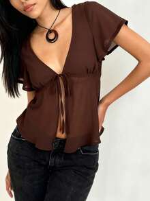 Women's Summer Sheer Tie-Front Short Sleeve Top With Adjustable Front Ties, Ruffle Trim And Lightweight Transparent Fabric, Flowy Silhouette, Breathable Layering Piece For Party, Date Night, Beach-Cover-Up And  European American Streetwear - 棕色 - 查看 7