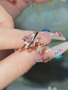 1pc Wedding Bridal Bridesmaid Ring, Adjustable, Pink Heart Star Faux Pearl & Gold Ring, Suitable For Wedding, Party, Couples, Friends, Daily Wear Vintage Valentine's Day N0U2 - 金子 - 查看 5