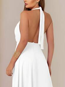 Long White Halter Neck Dress With Tie Straps Yasmin New Year's Eve Party Dress With Flowing Long Skirt With Lining And Slit NM Nana Marie - 白色 - 查看 4