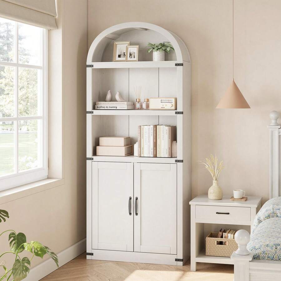 Librería arqueada de 5 estantes, estilo rústico, de madera con protección metálica en las esquinas, 182 cm de altura, ideal para exhibir objetos en la oficina en casa, la sala de estar, el dormitorio y más. - Blanco - Ver 1