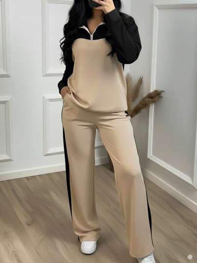 女士休闲套装，优雅运动套装，翻领宽松上衣搭配阔腿裤，两件套，秋冬春季款