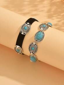 Set de 2 pulseras de mujer con cuentas de turquesa en estilo retro occidental, accesorios de joyería de moda adecuados para sesiones de fotos y viajes al aire libre - Multicolor - Ver 3