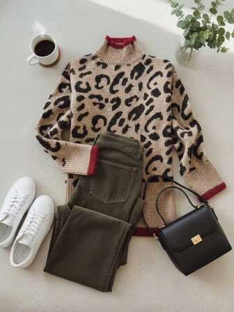 Women's Knitted Leopard Print Round Neck Long-Sleeved Pullover, Simple Classic Casual Style, Suitable For Daily Wear Sweater Autumn And Winter Women's Clothing