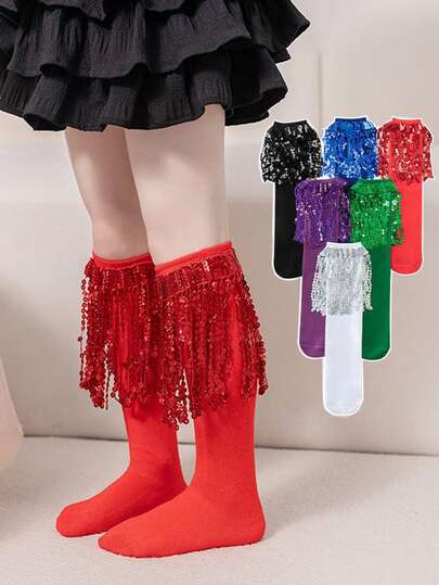 1 par de meias até o joelho com lantejoulas e franjas para meninas, meias de cano médio versáteis e modernas para dança, em tecido de malha, adequadas para crianças de 4 a 12 anos. Ótima opção para presente e uso diário.