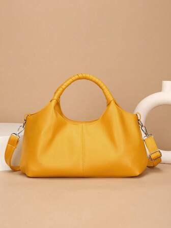 新款复古PU皮女士手提包，时尚拉链单肩包，配可拆卸肩带，女士工作旅行二合一包，灰色、黑色、绿色