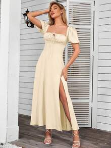 PARTHEA Off-Shoulder Petal Sleeve Slit Thigh Dress Summer Elegant - Apricot - View 4