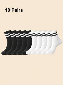 1/3/5/6双装条纹图案男女通用情侣运动袜，中筒袜，春夏假日礼物，秋季 - 彩色 - 查看 20