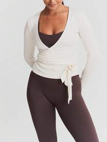 Women Ballet Wrap Top Long Sleeve Deep V Neck Cross Tie Workout Pilates Yoga Shirts Wrap Tie Crop Tops Sportswear Y2k Streetwear Slim Fitted Coquette Blouses - 白色 - 查看 7