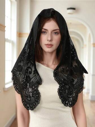 1件刺绣三角头巾，新娘面纱，天主教教堂头纱，蕾丝花卉头巾，圣餐教堂头纱，花卉发带，女士优雅头巾，冬季头饰