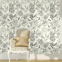 1 Roll Elegant Vintage Floral Self-Adhesive Wallpaper, Peel And Stick Wall Paper, Black & White Line Drawing Peony & Bird Pattern On Beige Background, Suitable For Living Room TV Backdrop, Home Decor, Cabinet, Bookshelf, Furniture Renewal, 17.32in Wide, Renter-Friendly, DIY Customizable - Multicolor - View 1