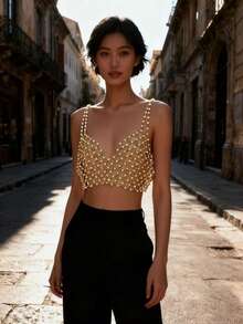 DEKUNER 1pc V-Neck Beaded Spaghetti Strap Body Chain, Versatile & Slimming, Influencer Style - White - View 4