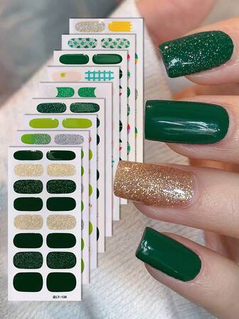 9pcs/144 Pieces Multicolor Solid Color, Floral Print, Rainbow Plaid, Leaf, Glitter Nail Stickers, Full Nail Coverage Nail Art Decals, Suitable For Women DIY Manicure And Daily Wear