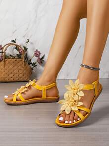 Women's Floral Decor Open Toe Elegant Sandals, Summer Fairy Tale Style Lightweight Vacation Sandals - Mustard Yellow - View 5