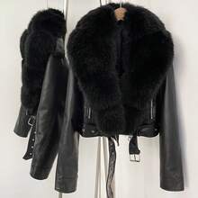 OFTBUY Damen Einfarbige PU-Lederjacke mit Kunstfelleinsatz, lässiger Motorrad-Streetstyle für Herbst/Winter - Ganz in Schwarz - Übersicht 3