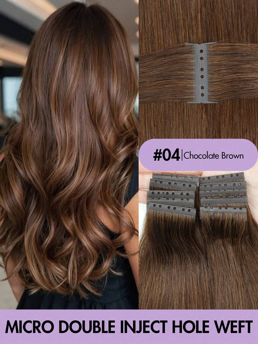 男女通用成人直发接发，双层注塑XO孔发片，巧克力棕色，12-24英寸，隐形双扣，自然拉丝式微型发，自然外观假发，圣诞节礼物 - S4 - 查看 1